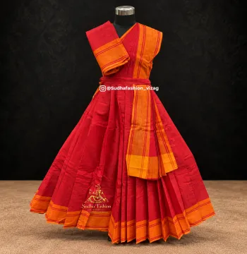 Kids 3 Piece Stitched Practice Saree – Red Yellow Plain Border | Kuchipudi & Bharatanatyam