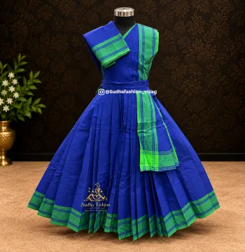 Kids 3 Piece Stitched Practice Saree – Blue Green Plain Border | Kuchipudi & Bharatanatyam