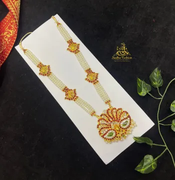 3 line Pearl Haram with Peacock Pendant – Kuchipudi & Bharatanatyam Long Haram | Gold Finish with Pearls