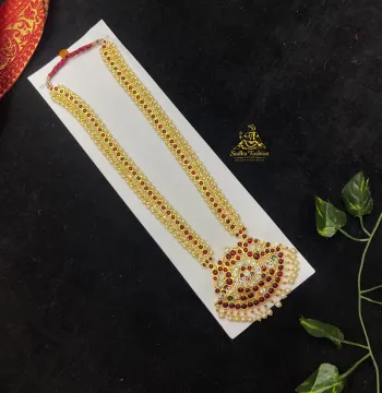 Multi Little Mango Haram – Kuchipudi & Bharatanatyam Long Necklace | Gold Finish with Kemp Stones