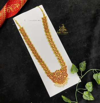 Red & Green Broad Haram – Kuchipudi & Bharatanatyam Long Necklace | Gold Finish