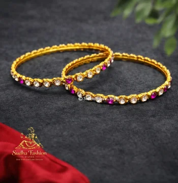 Single Line Pink & White Bangles – Kuchipudi & Bharatanatyam Dance Bangles | Gold Finish with Pink & White Stones