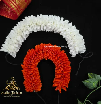 D Cut White & Orange Cloth Flowers – Classical Dance Hair Flowers | 12 Inch | Kuchipudi & Bharatanatyam