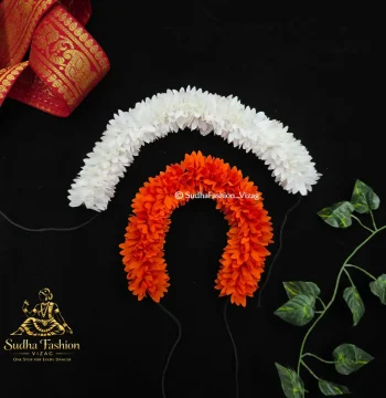 W Cut White & Orange Cloth Flowers – Classical Dance Hair Flowers | 12 Inch | Kuchipudi & Bharatanatyam