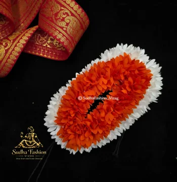 Cloth White & Orange W Cut Flowers – Classical Dance Hair Flowers | 3 String Set | Kuchipudi & Bharatanatyam