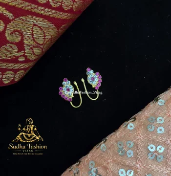 Pink & White Stone Mango Nattu Bulak – Kuchipudi & Bharatanatyam Nose Ornament Set | Gold Finish