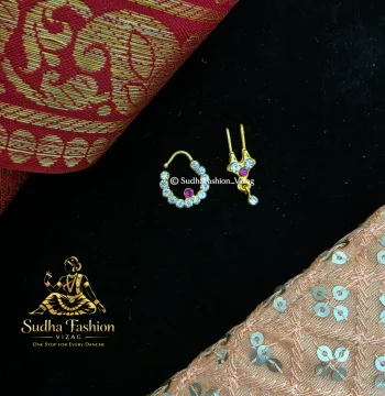 Pink & White Stone Nattu Bulak Regular – Kuchipudi & Bharatanatyam Nose Ornament Set | Gold Finish