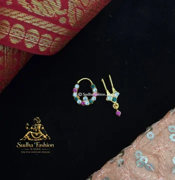 Multi Stone Premium Nattu Bulak – Kuchipudi & Bharatanatyam Nose Ornament Set | Gold Finish