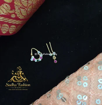 Multi Stone Small Nattu Bulak – Kuchipudi & Bharatanatyam Nose Ornament Set | Gold Finish