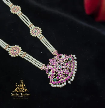 Magnificent 3 Line Peacock Pearl Haram – Copper Kemp Jewelry | Kuchipudi & Bharatanatyam Long Necklace | Original Copper Jewellery