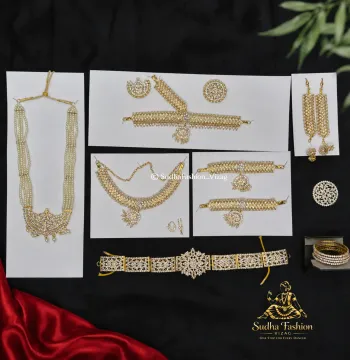 Full White Pearl Kids Dance Jewelry Set – Complete 10-Piece Set for Kuchipudi & Bharatanatyam | Gold Finish