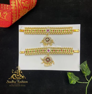 Multi Color Stone Baju Bandh – Kuchipudi & Bharatanatyam Arm Band | Gold Finish with Multi-Color Stones