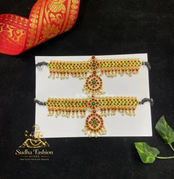V Multi Baju Bandh – Kuchipudi & Bharatanatyam Arm Band | Gold Finish with Multi-Color Stones
