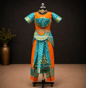 Readymade Kids Bharatanatyam Brocade 5 Piece Dance Dress – Orange & Blue | Sizes 26, 28 & 30