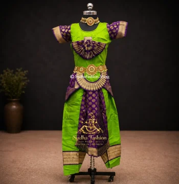 Readymade Kids Bharatanatyam Brocade 5 Piece Dance Dress – Green & Violet | Sizes 26, 28 & 30
