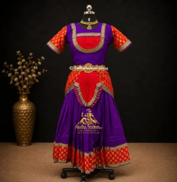 Readymade Kids Bharatanatyam Brocade 4 Piece Skirt Model Dance Dress – Purple & Red | Sizes 26, 28, 30 & 32