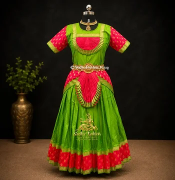 Readymade Kids Bharatanatyam Brocade 4 Piece Skirt Model Dance Dress – Green & Red | Sizes 26, 28, 30 & 32