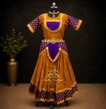 Readymade Kids Bharatanatyam Brocade 4 Piece Skirt Model Dance Dress – Mustard Yellow & Purple | Sizes 26, 28, 30 & 32