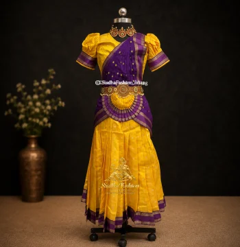 Readymade Kids Bharatanatyam Brocade 5 Piece Skirt Model Dance Dress – Yellow & Purple | Sizes 26, 28 & 30