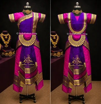 2 in 1 Readymade Kids Bharatanatyam 7 Piece Dance Dress – Pink & Purple | Sizes 26, 28 & 30