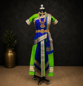 Readymade Kuchipudi 6 Piece Dot Dance Dress – Parrot Green & Royal Blue | Sizes 26 to 42