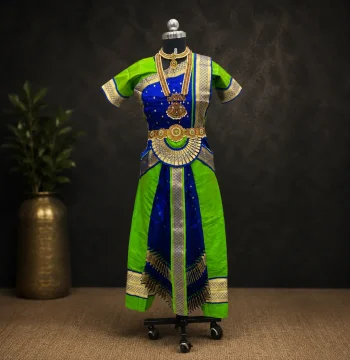 Readymade Bharatanatyam 6 Piece Dot Dance Dress – Parrot Green & Royal Blue | Sizes 26 to 42