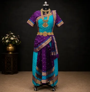 Readymade Kuchipudi 6 Piece Dot Dance Dress – Sky Blue & Purple | Sizes 24 to 42