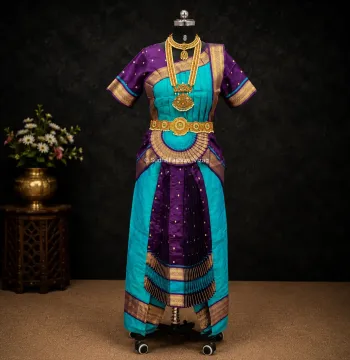 Readymade Bharatanatyam 6 Piece Dot Dance Dress – Sky Blue & Purple | Sizes 24 to 42