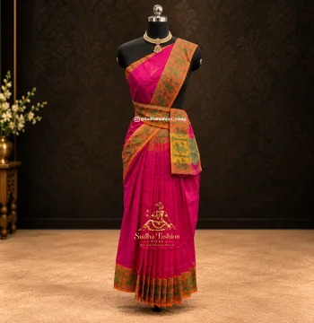 Kids Kuchipudi & Bharatanatyam Pre-Stitched One Piece Cotton Practice Saree – Pink with Green & Orange Dancing Doll