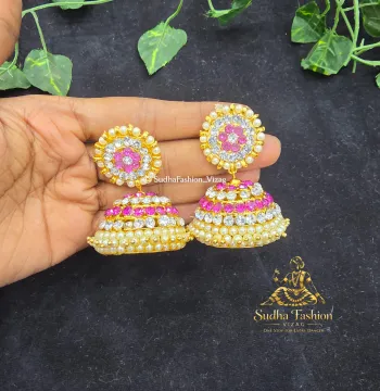 Pink & White 4 Line Buttalu – Kuchipudi & Bharatanatyam Dance Earrings | Gold Finish with Pink & White Stones