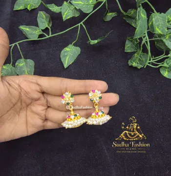 Small Multi Color Jhumka Buttalu – Kuchipudi & Bharatanatyam Dance Earrings | Gold Finish with Multi-Color Stones