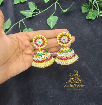4 Line Kemp Multi Buttalu – Kuchipudi & Bharatanatyam Dance Earrings | Gold Finish with Kemp & Multi-Color Stones